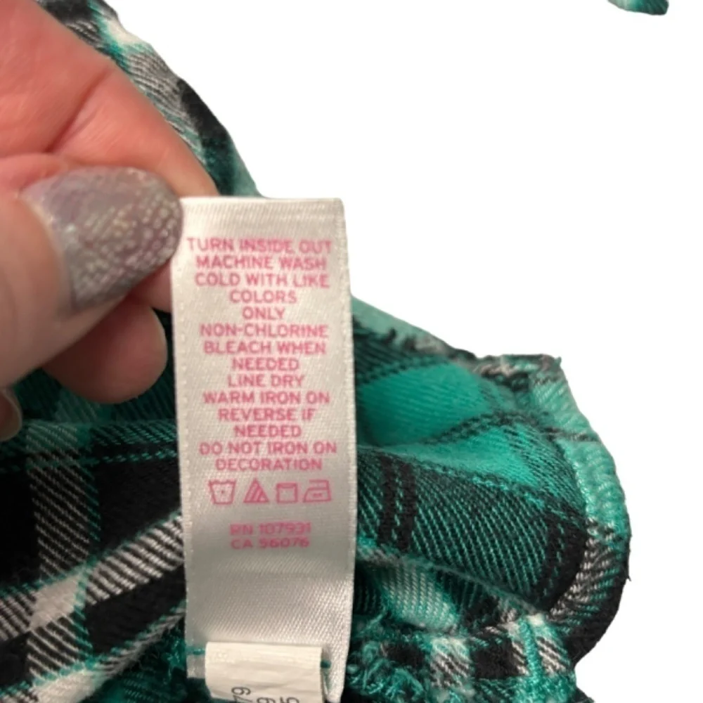 Justice Girls Top Size 7 Teal Black White Plaid Long Sleeve Button Down Shirt